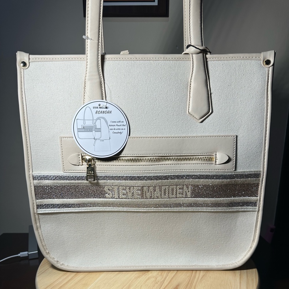 Steve Madden BSANDRA Cream Tote Bag & Removable Pouch Set NWT